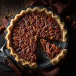 A beautiful top-down view of a homemade pecan pie, a classic Southern pecan dessert with a golden-brown crust and perfectly arranged pecans.