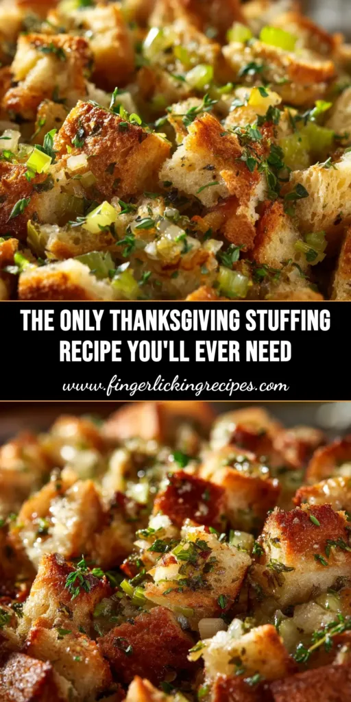 Thanksgiving Stuffing Recipe (The Only One You'll Ever Need) 5 A close-up shot of a classic Thanksgiving stuffing recipe baked in a white dish, garnished with fresh herbs. The perfect holiday side dish.
