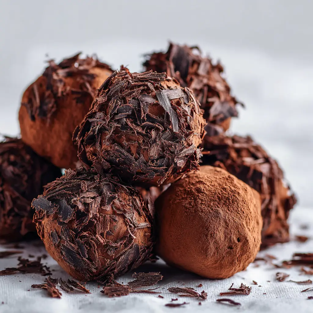 A chocolate raspberry truffle being rolled in a bowl of dark unsweetened cocoa powder, showing the coating process.