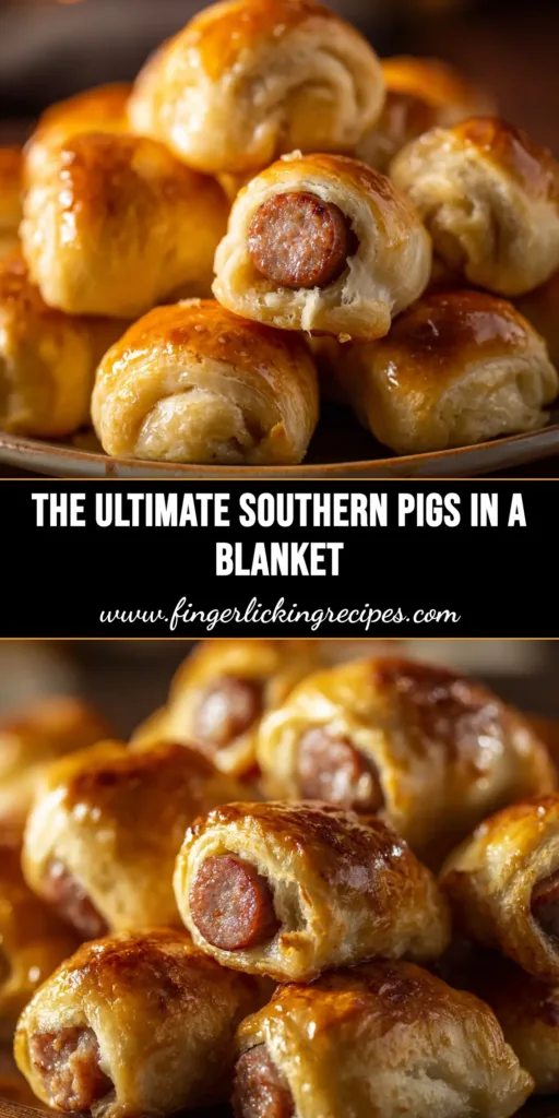 A platter of golden-brown Conecuh sausage pigs in a blanket, ready to be served as the ultimate party appetizer. A small bowl of honey mustard is nearby for dipping.