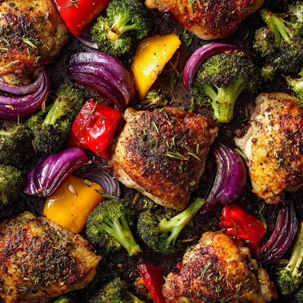 A beautiful close-up of the finished Sheet Pan Chicken and Veggies, with golden-brown chicken and caramelized roasted vegetables fresh out of the oven.