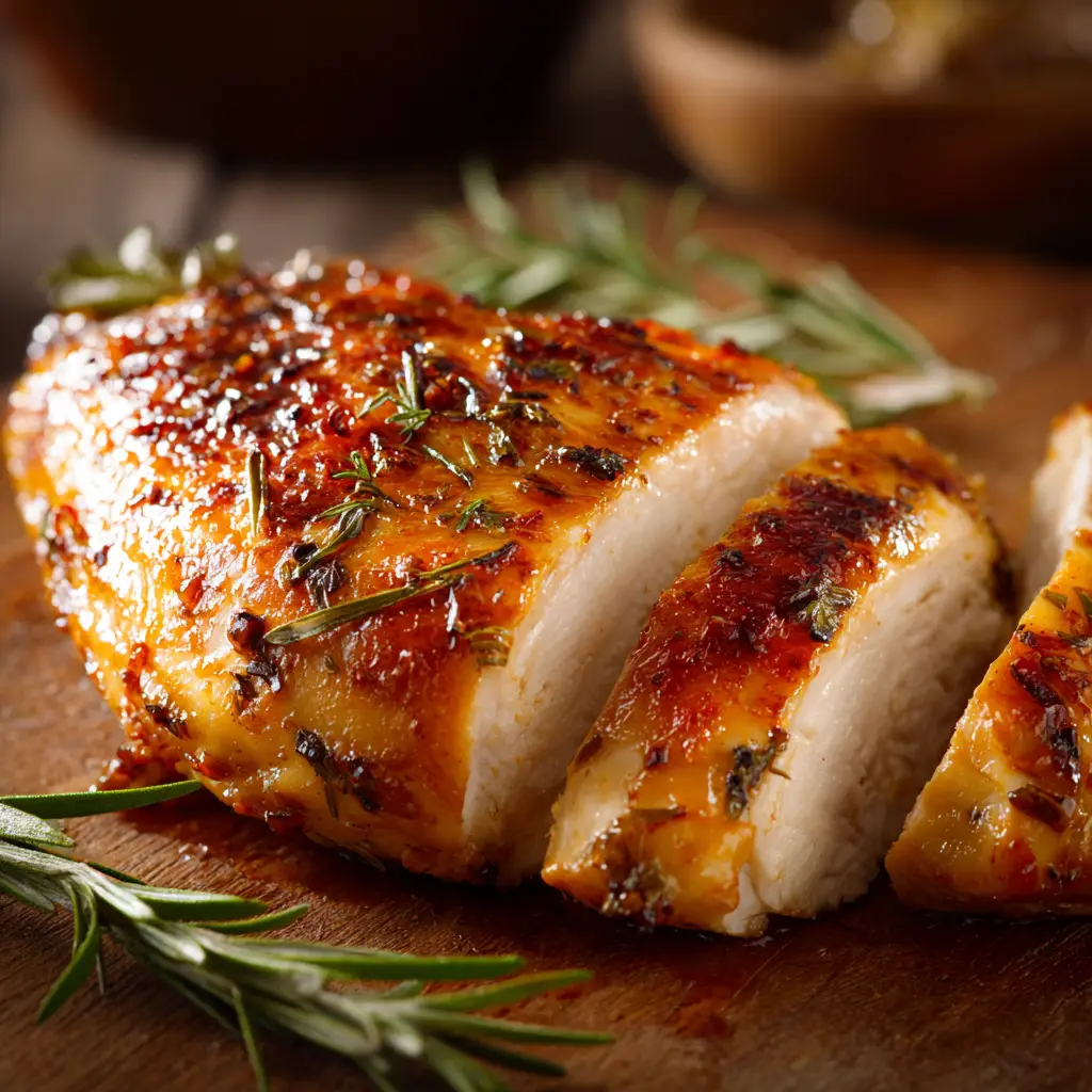 A beautiful shot of a whole oven-baked chicken breast resting in a pan, ready to be sliced and served for a healthy dinner.