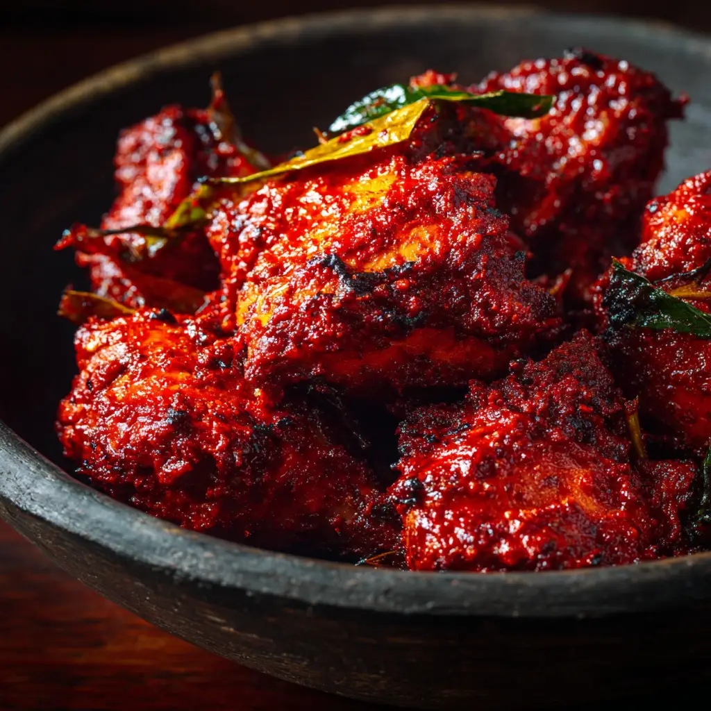 Chicken Ghee Roast: The Authentic Mangalorean Recipe 2 Step-by-step image showing the Chicken Ghee Roast simmering in a pan, with the ghee separating from the thick, aromatic spice paste.