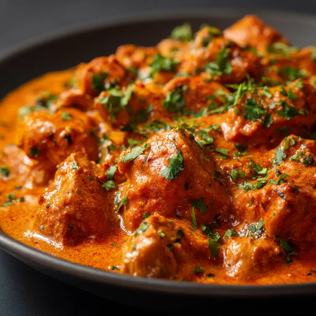 A step-by-step image showing the chicken and spices simmering in the skillet to create the flavorful base for the easy chicken masala.