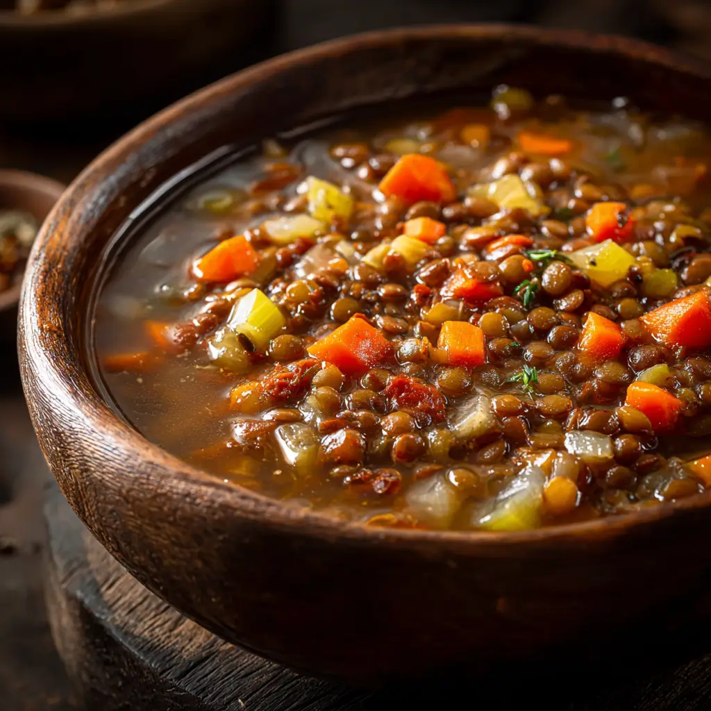Vegetarian Lentil Soup (The Best Hearty Recipe) 2 A shot of the vegetarian lentil soup simmering in a large Dutch oven, showing the rich texture and vibrant colors of the vegetables and lentils.