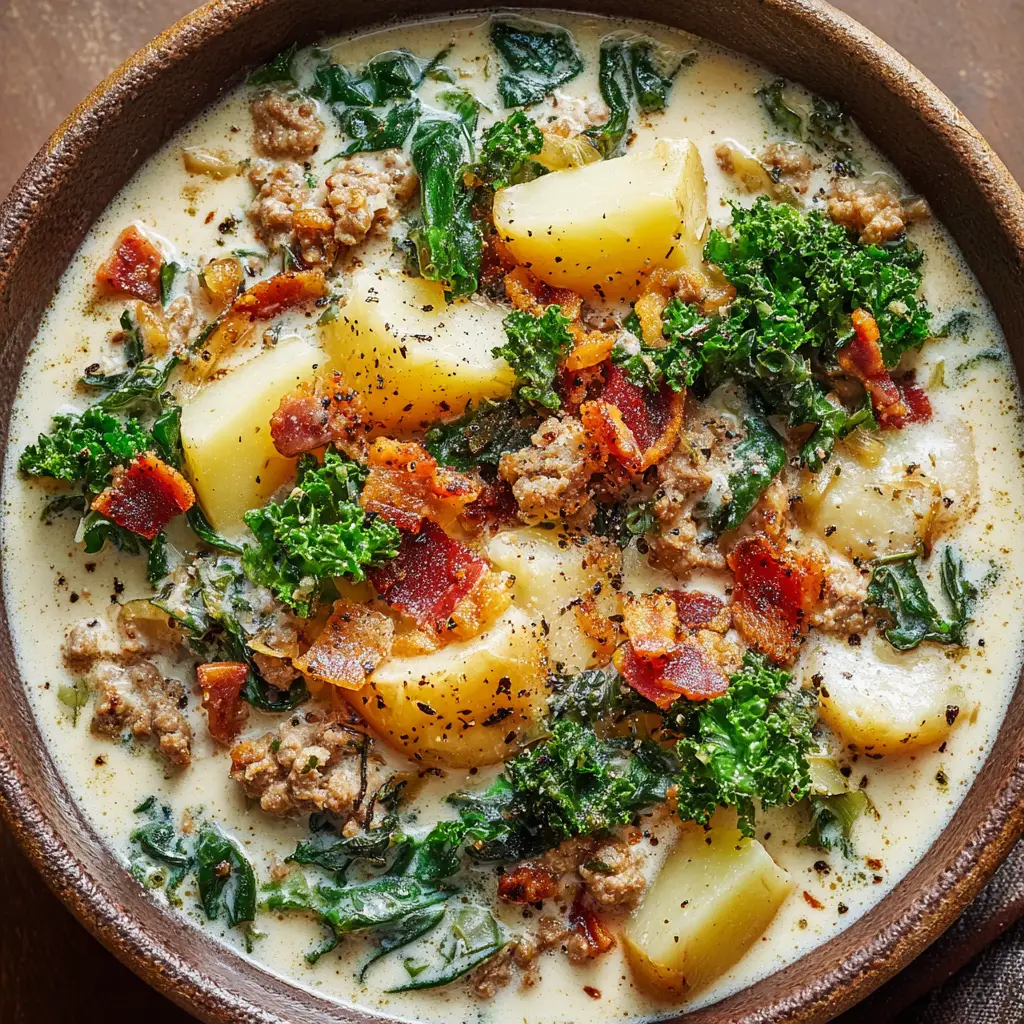 Zuppa Toscana (The BEST Olive Garden Copycat Recipe) 2 A large Dutch oven on a stovetop filled with simmering Zuppa Toscana, showing the creamy broth, potatoes, and sausage before the kale is added.