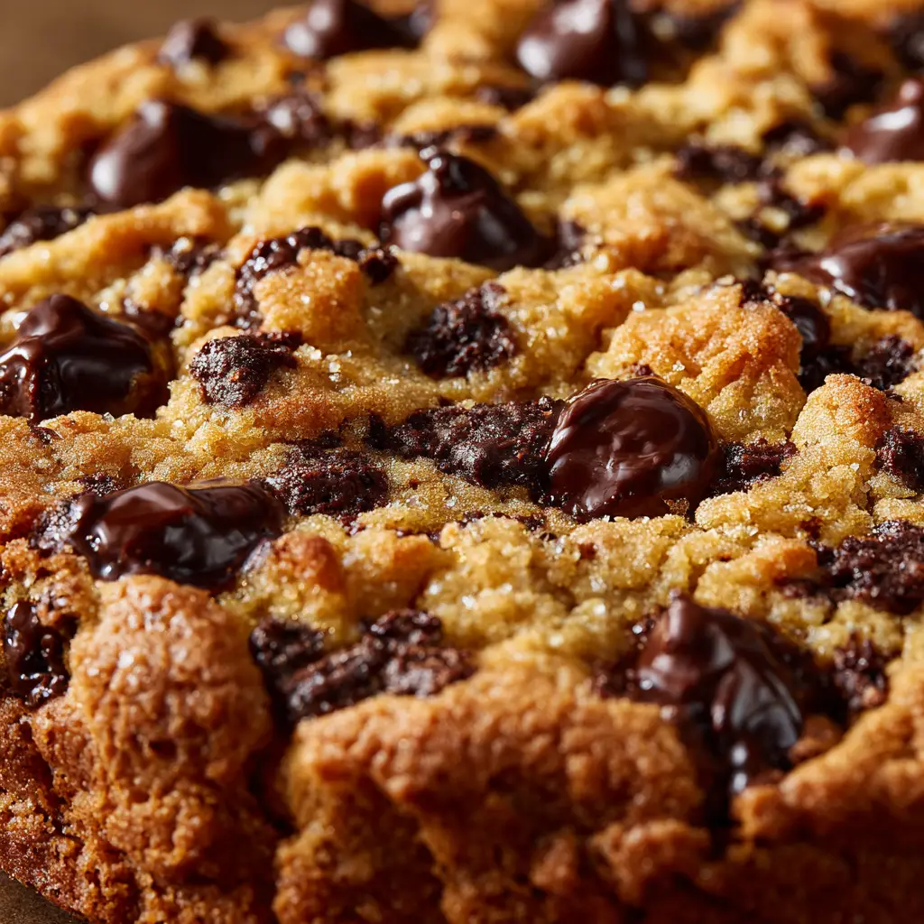 Copycat Crumbl Chocolate Chip Cookies: The Ultimate Recipe 3 A close-up macro shot of a freshly baked Copycat Crumbl Chocolate Chip Cookie, highlighting the gooey, melted milk chocolate pools and soft texture.