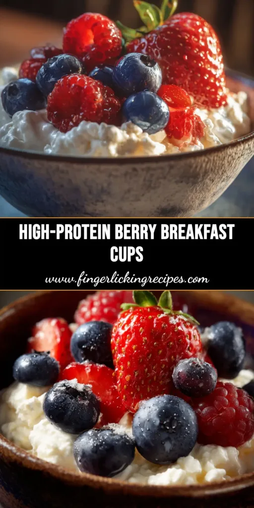 A vibrant and healthy Cottage Cheese and Berry Breakfast Cup layered in a glass jar, topped with fresh strawberries, blueberries, and crunchy granola.