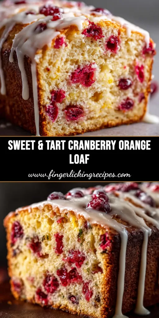 A beautiful cranberry orange loaf on a wooden board, drizzled with a sweet orange glaze and sliced to show the moist interior with tart cranberries.