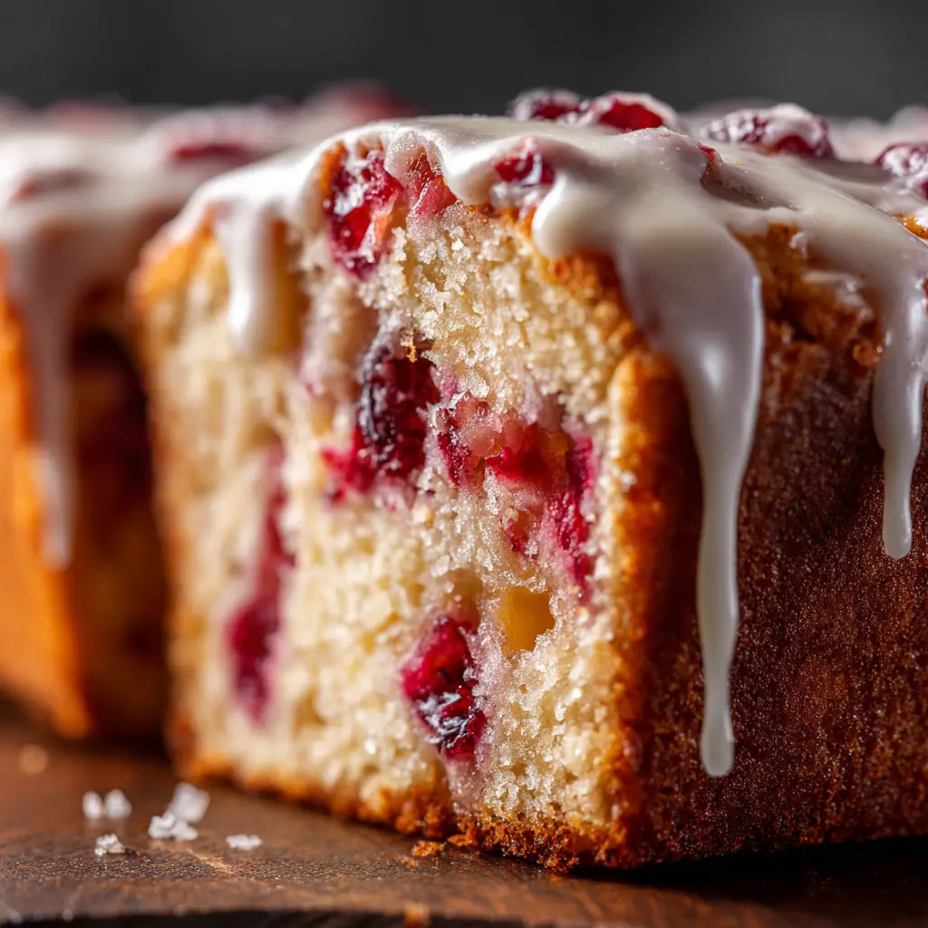 The finished cranberry orange loaf on a wire cooling rack, generously drizzled with a zesty orange glaze that is dripping down the sides.