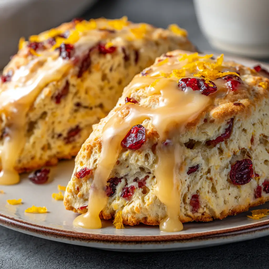 A beautiful shot of two cranberry orange scones on a plate, with a cup of coffee in the background, perfect for a breakfast scene.
