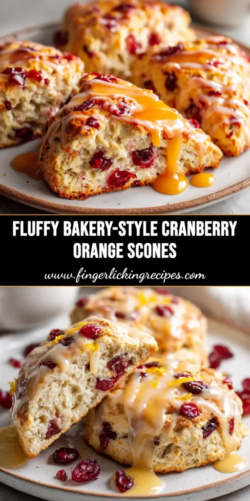 A platter of freshly baked cranberry orange scones with a delicious orange glaze drizzled over the top, ready to be served.