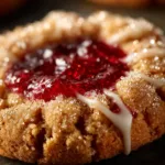 A close-up shot of a single cranberry orange thumbprint cookie, showing the buttery shortbread texture and sparkling cranberry filling.