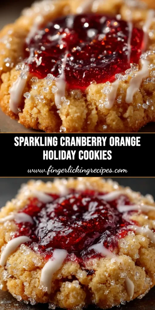 A platter of festive Cranberry Orange Thumbprint Cookies with a zesty orange glaze, ready for a holiday cookie exchange.