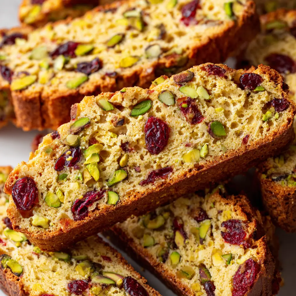 The biscotti dough log, studded with cranberries and pistachios, on a baking sheet before its first bake.