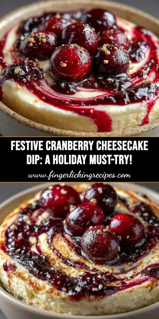 A festive bowl of Cranberry White Chocolate Cheesecake Dip swirled with red cranberry sauce, served with an assortment of cookies and pretzels for dipping. Perfect holiday appetizer.
