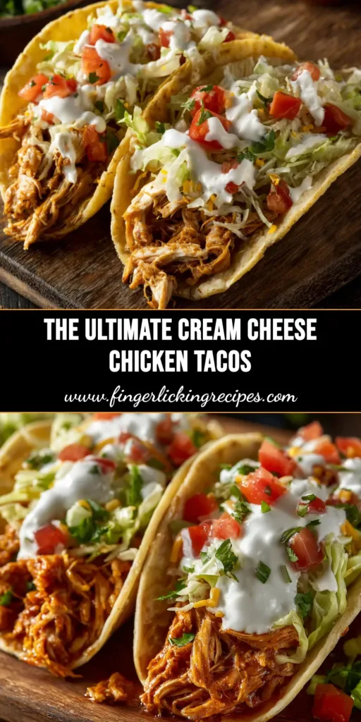 A pan of creamy, delicious Cream Cheese Chicken Tacos filling next to assembled tacos with fresh toppings. This easy recipe is perfect for a quick weeknight dinner.