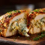 Extreme close-up shot of a juicy baked cream cheese chicken breast, showing the creamy, melted topping and tender meat texture.