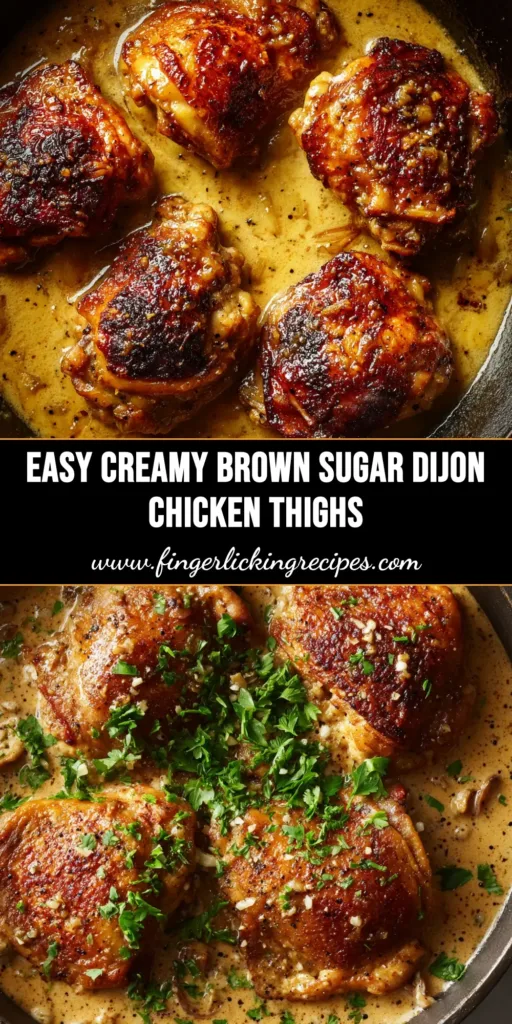 Creamy Brown Sugar Dijon Chicken Thighs (The Ultimate 30-Minute Meal) 4 A skillet of creamy brown sugar dijon chicken thighs, garnished with fresh parsley, with the rich, glossy sauce coating each piece.