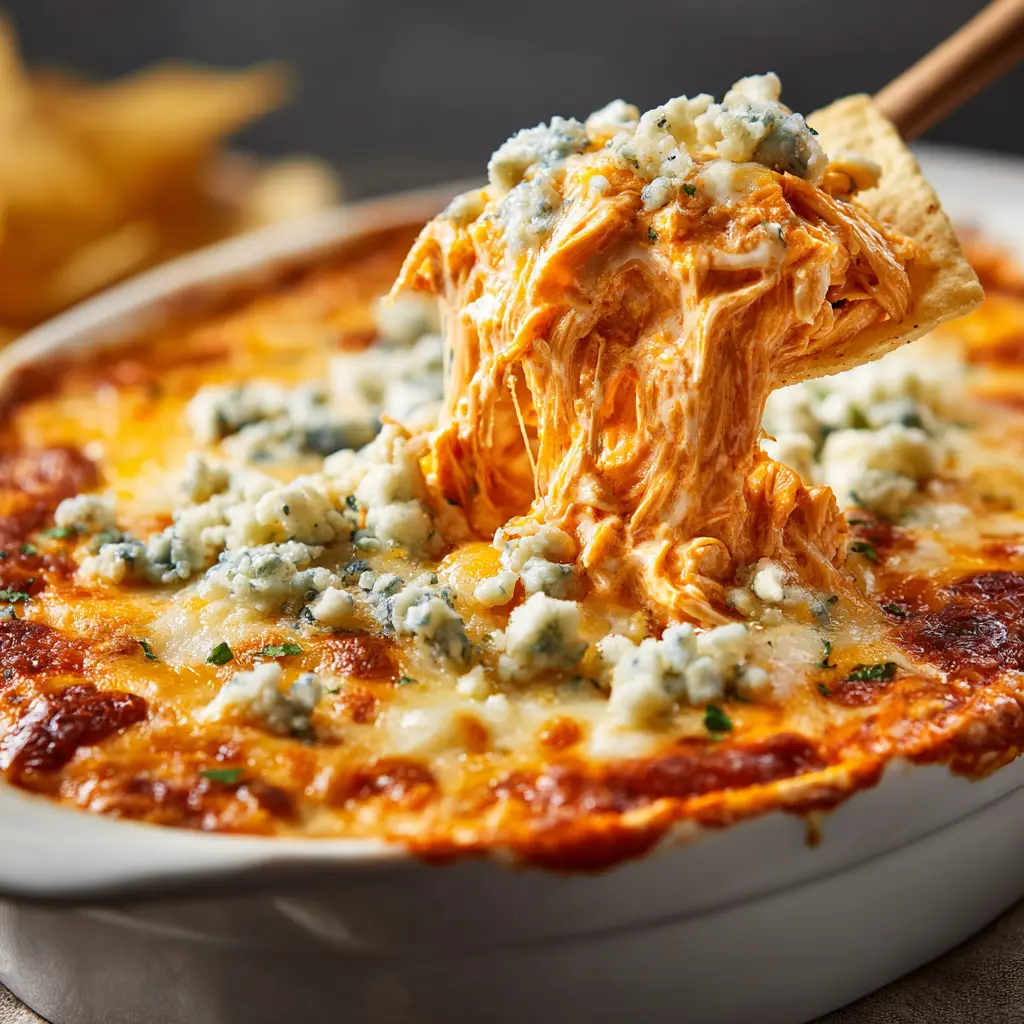 A tortilla chip scooping into a bowl of creamy buffalo dip, showing the rich texture of the chicken and cheese mixture.