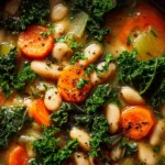 High Protein White Bean Soup (Easy & Creamy Recipe) A close-up shot of a spoonful of creamy cannellini bean soup, showing the rich texture and pieces of carrot and celery.
