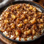 A close-up overhead shot of the creamy cheesecake dip base topped with rich caramel sauce and crunchy toffee bits.