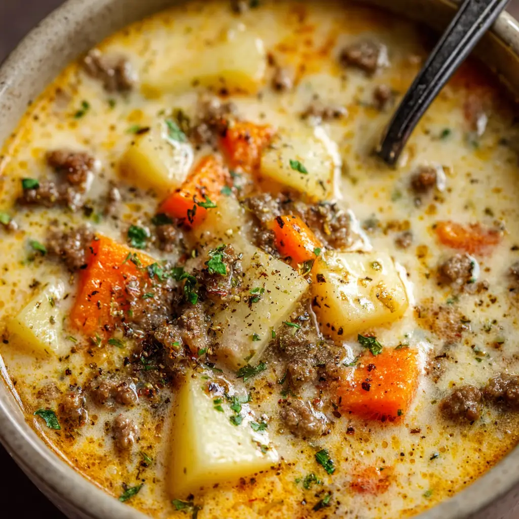 Crockpot Cheeseburger Soup (The Ultimate Creamy Recipe) 2 A close-up of the crockpot cheeseburger soup simmering in the slow cooker after the cheese has been added.