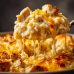 A close-up spoonful of creamy chicken and rice casserole, highlighting the melted cheese and tender chicken pieces.