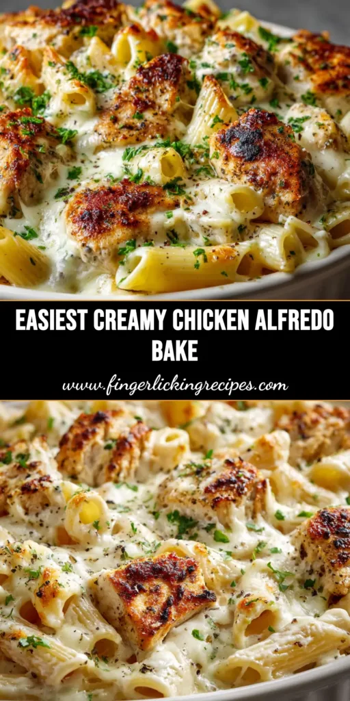 A delicious Creamy Chicken Alfredo Bake in a white casserole dish, showing a cheesy, golden-brown topping and a spoonful being lifted out.