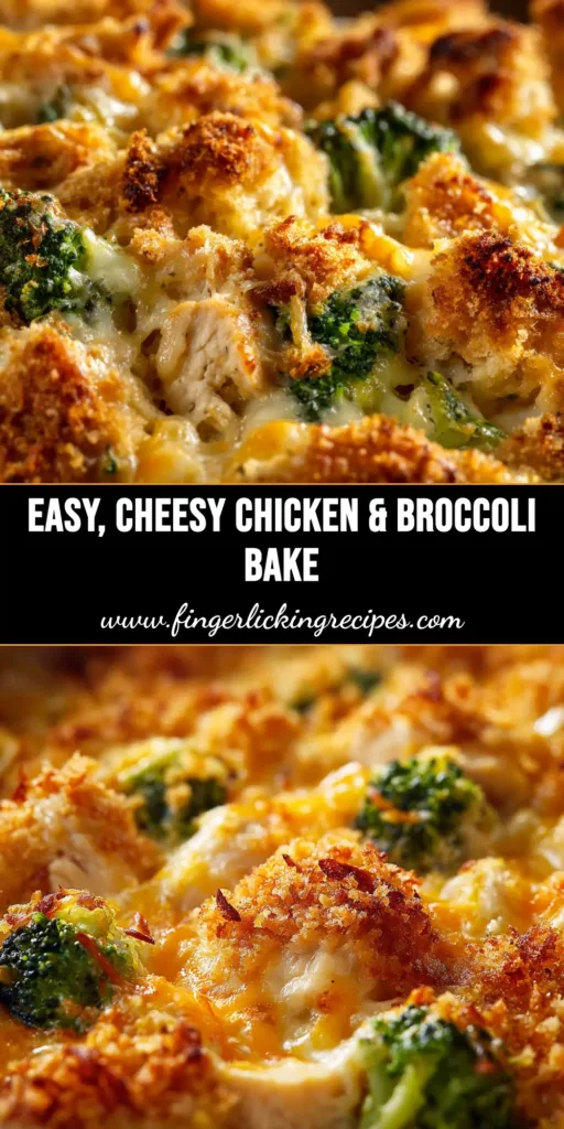 A delicious and creamy chicken and broccoli casserole baked in a white dish, ready to be served. The perfect comfort food recipe.