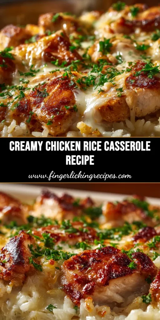 Chicken and Rice Casserole (Creamy, Cheesy & Easy!) 4 A delicious and creamy chicken and rice casserole in a white baking dish, ready to be served. The top is golden brown with melted cheddar cheese.