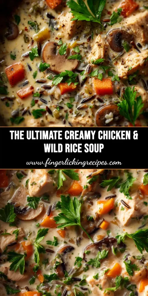 Creamy Chicken and Wild Rice Soup (Better Than Panera!) 5 A large white bowl filled with creamy chicken and wild rice soup, garnished with fresh parsley. A silver spoon rests in the bowl, ready to eat.