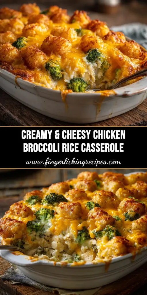 A golden-brown baked chicken broccoli rice casserole in a white baking dish, ready to be served. The top is covered in melted cheese and a crunchy cracker topping.
