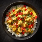 An extreme close-up overhead shot of a creamy chicken curry, showing the texture of the tender chicken and the rich, orange-hued sauce.