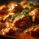 Creamy Chicken Masala Recipe (Restaurant-Style at Home) A close-up macro shot of tender chicken pieces coated in a rich, creamy Indian masala sauce, highlighting the texture of the dish.