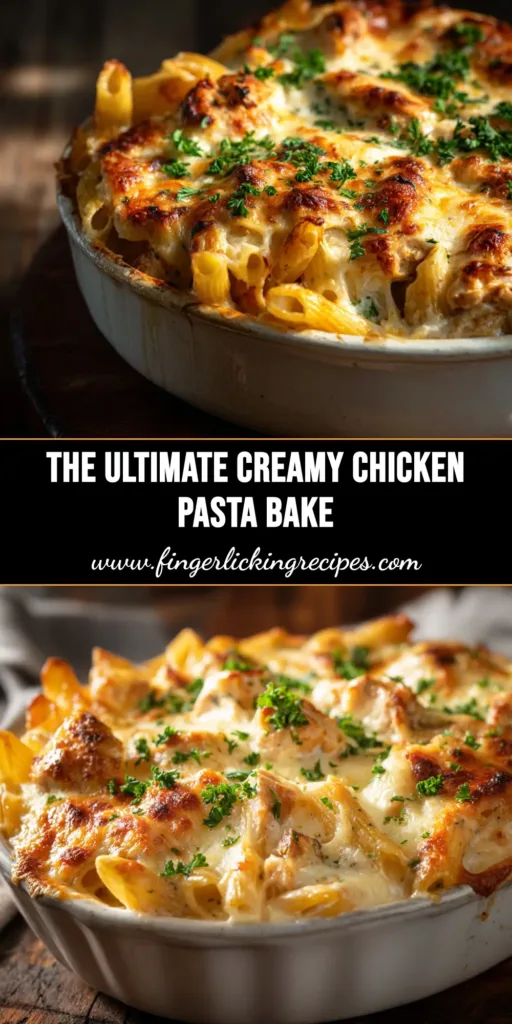 A delicious and easy Creamy Chicken Pasta Bake in a white baking dish, ready to be served. The perfect weeknight dinner recipe.