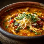 A close-up shot of a bowl of creamy chicken taco soup, garnished with fresh avocado and tortilla strips.