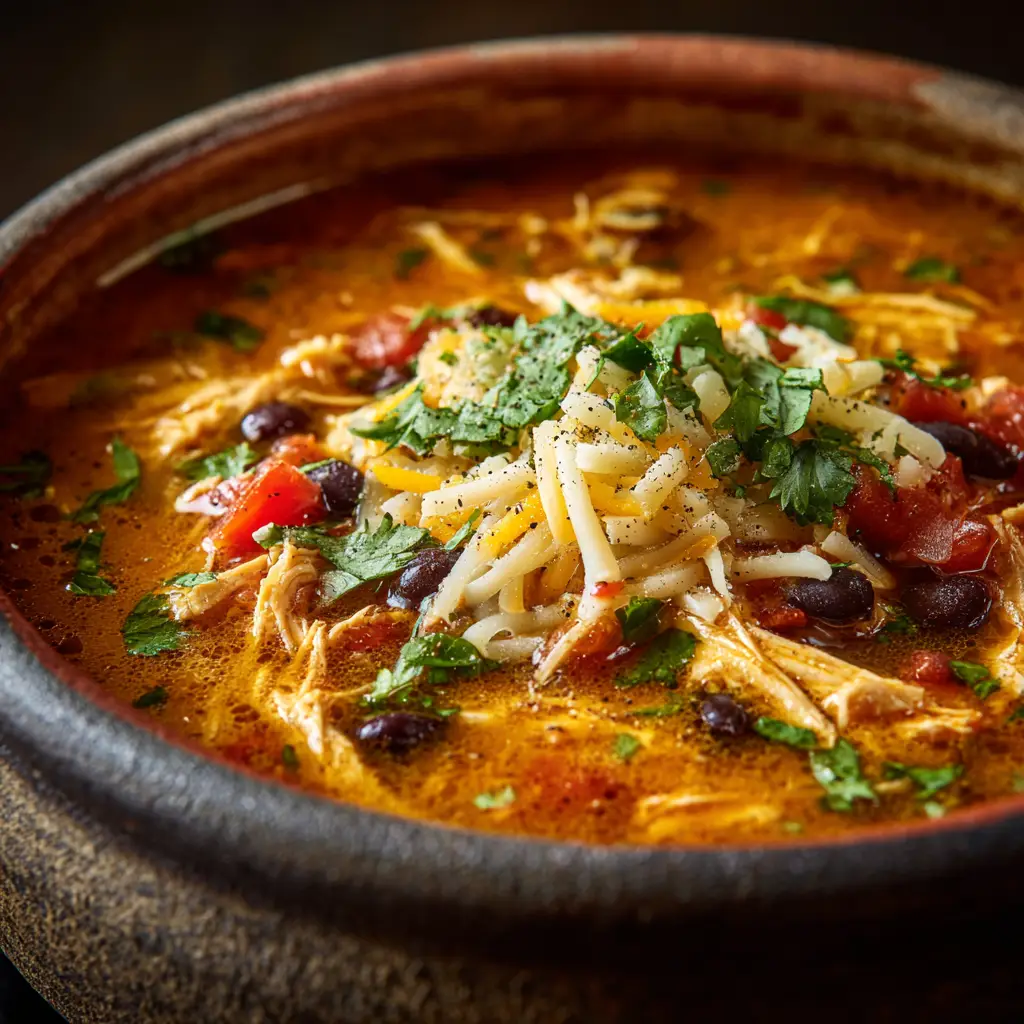 Chicken Taco Soup Recipe (The Easiest, Coziest Bowl!) 3 A close-up shot of a bowl of creamy chicken taco soup, garnished with fresh avocado and tortilla strips.
