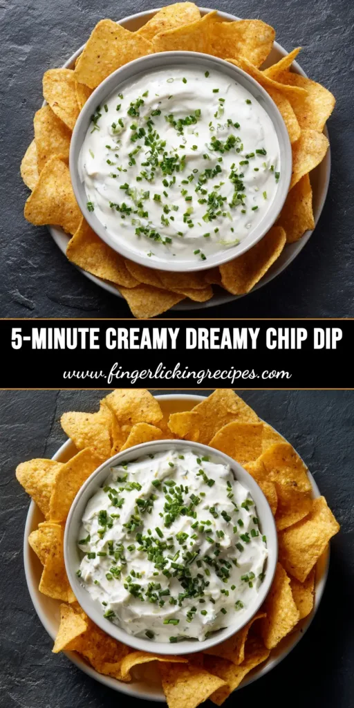 Creamy Chip Dip Recipe (The Only One You'll Need!) 4 A top-down view of a delicious creamy chip dip recipe served in a white bowl, garnished with green onions and surrounded by potato chips.