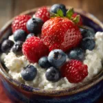 Cottage Cheese and Berry Breakfast Cups: Your New High-Protein Go-To A close-up shot showing the creamy texture of the cottage cheese base mixed with chia seeds for the breakfast cups.