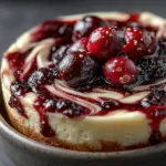 A close-up macro shot showing the creamy texture of the no-bake cheesecake dip with beautiful swirls of cranberry sauce and white chocolate.