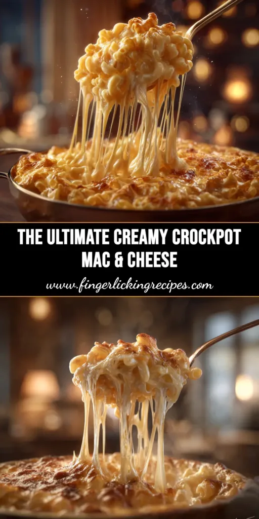 Crockpot Mac and Cheese (The Creamiest, No-Fail Recipe!) 5 A large white bowl filled with creamy Crockpot Mac and Cheese, with a spoon lifting a cheesy portion out. The title 'The Best Crockpot Mac and Cheese' is overlaid.