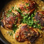 Creamy Brown Sugar Dijon Chicken Thighs (The Ultimate 30-Minute Meal) Step-by-step process shot showing the creamy dijon sauce simmering in a skillet before the chicken is added back in.