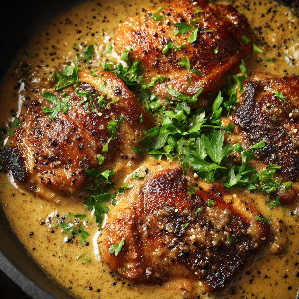 Creamy Brown Sugar Dijon Chicken Thighs (The Ultimate 30-Minute Meal) 3 Step-by-step process shot showing the creamy dijon sauce simmering in a skillet before the chicken is added back in.