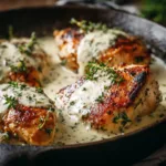 An extreme close-up shot of a perfectly seared chicken breast coated in a creamy garlic herb sauce.