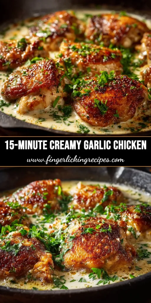 Creamy Garlic Chicken (Ready in Under 30 Minutes!) 5 A skillet of Creamy Garlic Chicken, with golden-brown chicken breasts smothered in a rich cream sauce and garnished with fresh parsley.