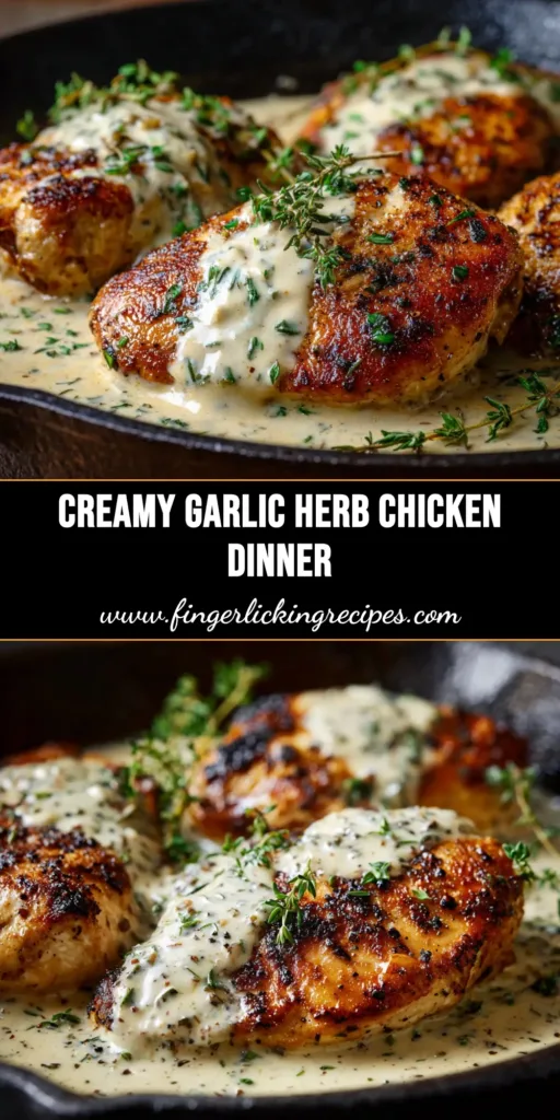 A skillet of Creamy Garlic Herb Chicken, with juicy chicken breasts in a rich white sauce, garnished with fresh parsley.
