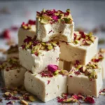 An extreme close-up of a creamy milk barfi square, highlighting its smooth, fudgy texture and garnished with a piece of pistachio.