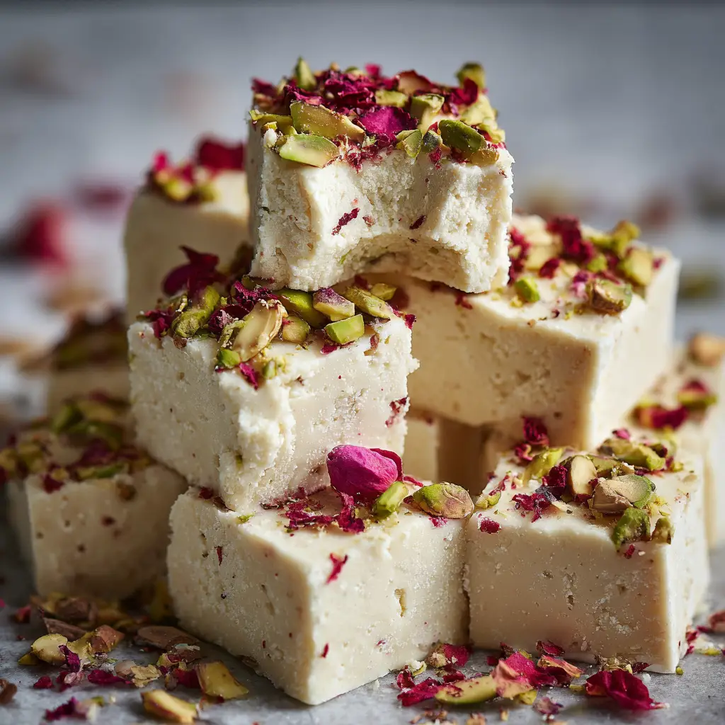 Milk Barfi Recipe (Easy & Instant 15-Minute Recipe!) 3 An extreme close-up of a creamy milk barfi square, highlighting its smooth, fudgy texture and garnished with a piece of pistachio.