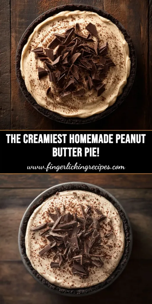 A slice of creamy no-bake peanut butter pie on a white plate, topped with chocolate drizzle and whipped cream. The full pie with an Oreo crust sits in the background.